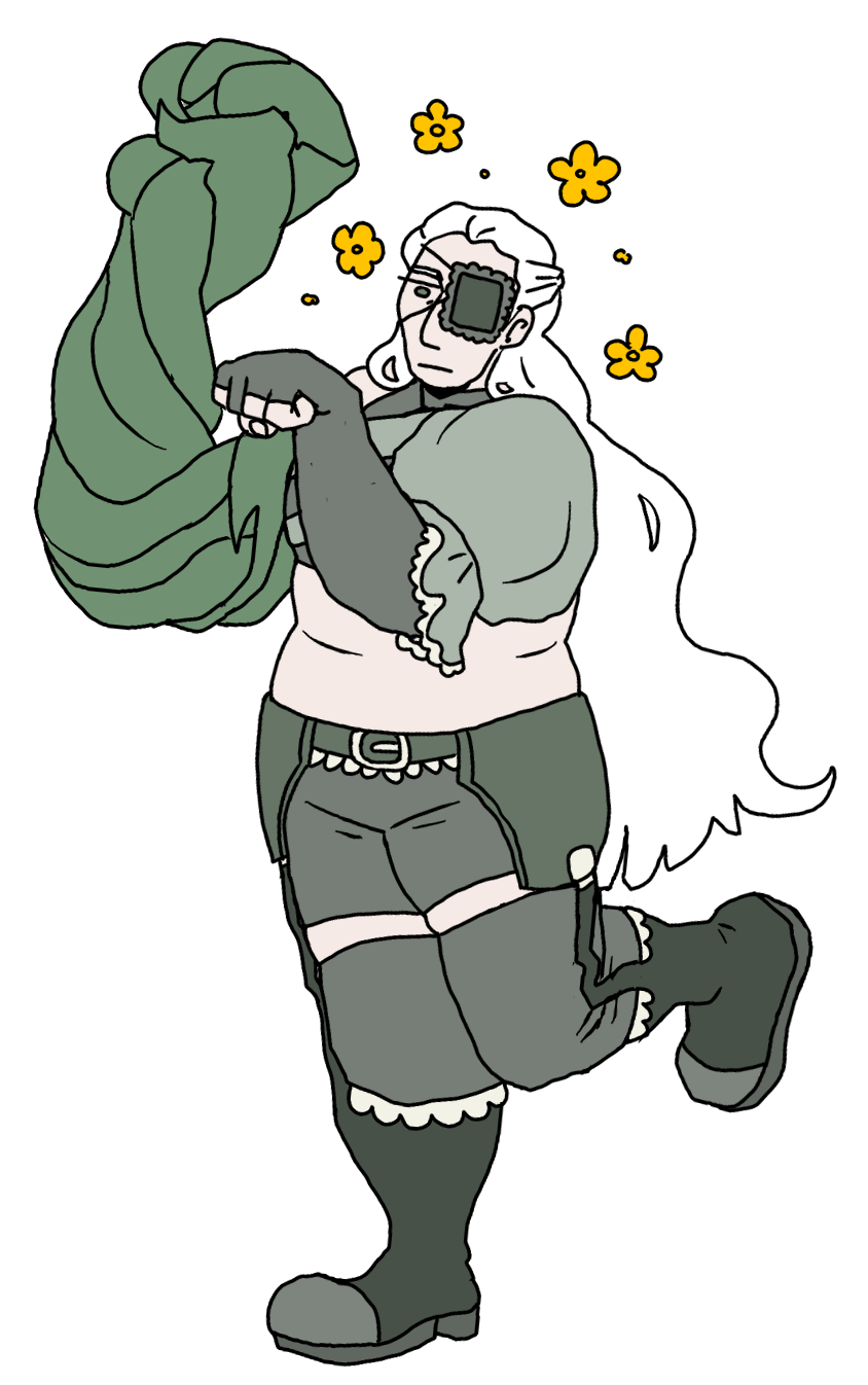 An image of Wren, a white, fat, buff person with vines as a left arm. She is doing the same pose as Lydia, but with her hands raised high into the air. She is wearing mostly green, and her right eye has an eyepatch over it.